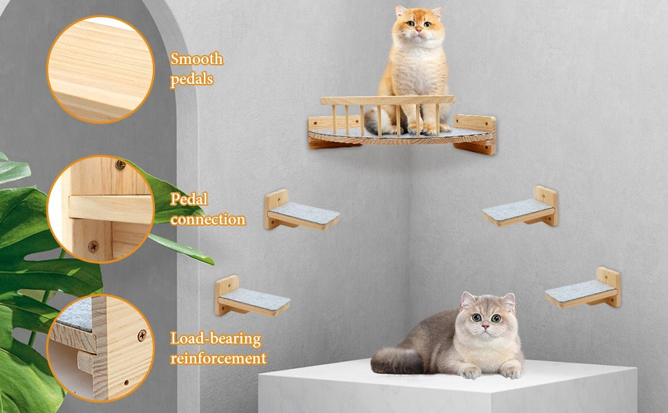 Corner Cat Shelves with 4 Climbing Steps, 13 x 13 Inch Wall-Mounted Wooden Cat Bed with 6 Felt Pads for Small and Medium Indoor Cats