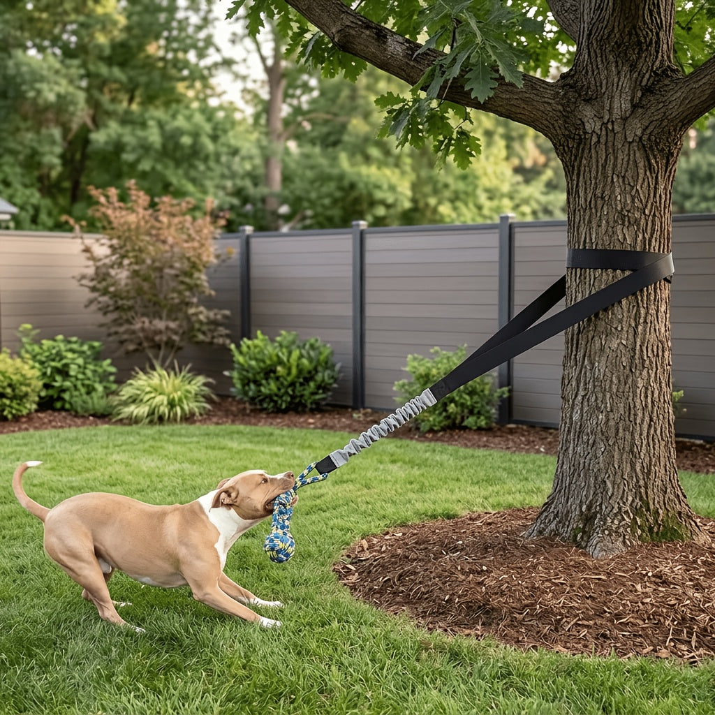 Tree Hanging Dog Tug Toy with Bouncy Tether and Chew Rope, Black Outdoor Tug of War Toy for Supervised Backyard Play with Small to Large Dogs