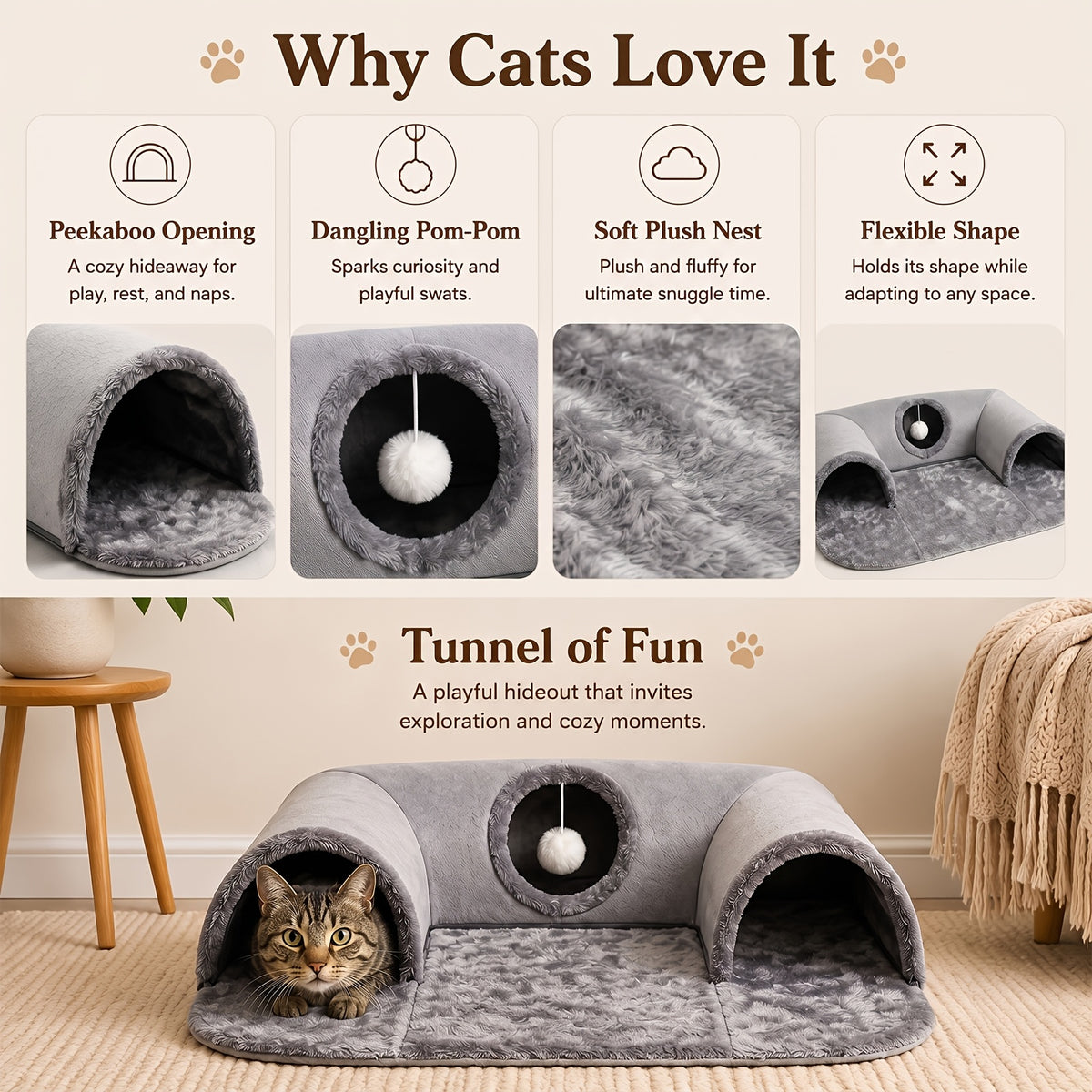 Detachable Cat Tunnel Bed with Plush Lounge and Hanging Pom-Pom Ball, S and M Indoor Cat Nest with Optional Glow-in-the-Dark Stars and Moon