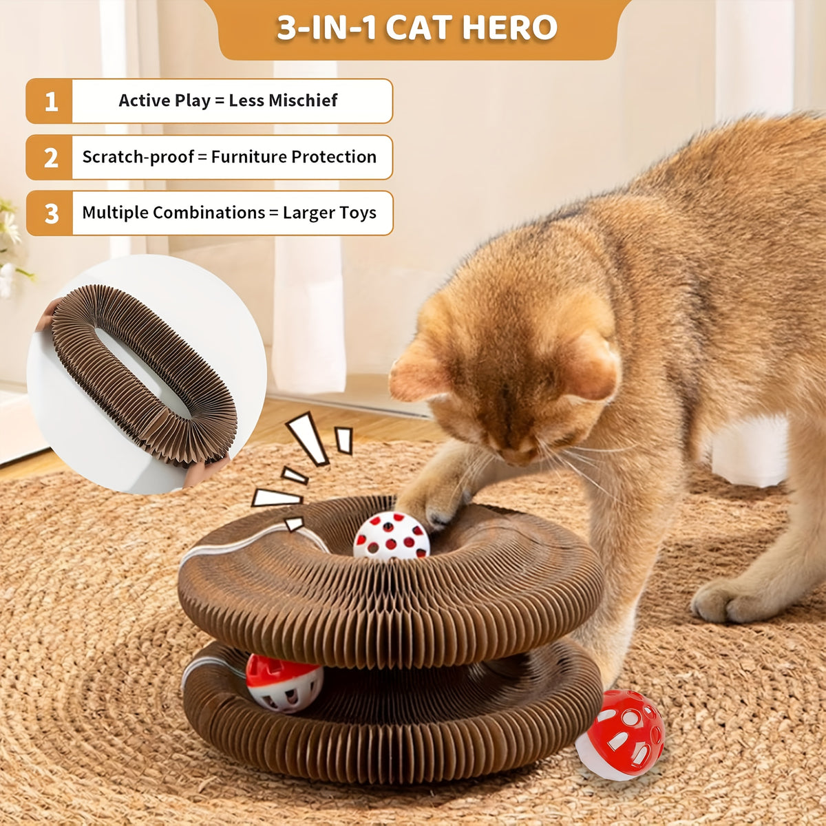 Accordion Cat Scratcher with Ball Track, Foldable Corrugated Cardboard Scratching Pad for Indoor Cats, Brown with Bell Bundle Option