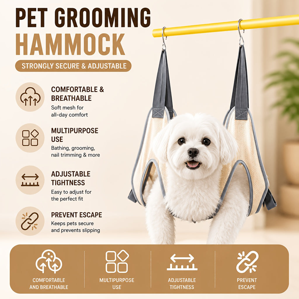 Cat Grooming Hammock with 4 S-Hooks and Fixed Straps, Breathable Mesh Nail Trimming Support for Cats and Small Dogs in Grey or Pink