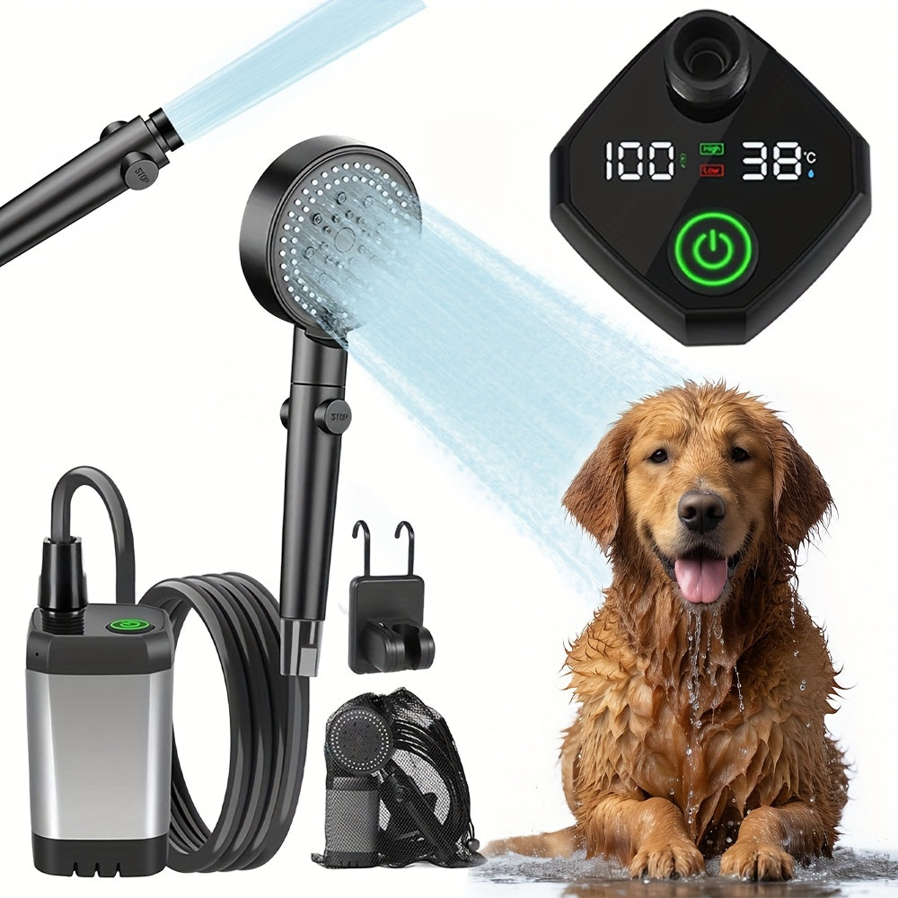 Portable Pet Shower with Temperature Display, 6000mAh Rechargeable Dog Bathing Set with Adjustable Spray and Detachable Shower Head for Home and Travel