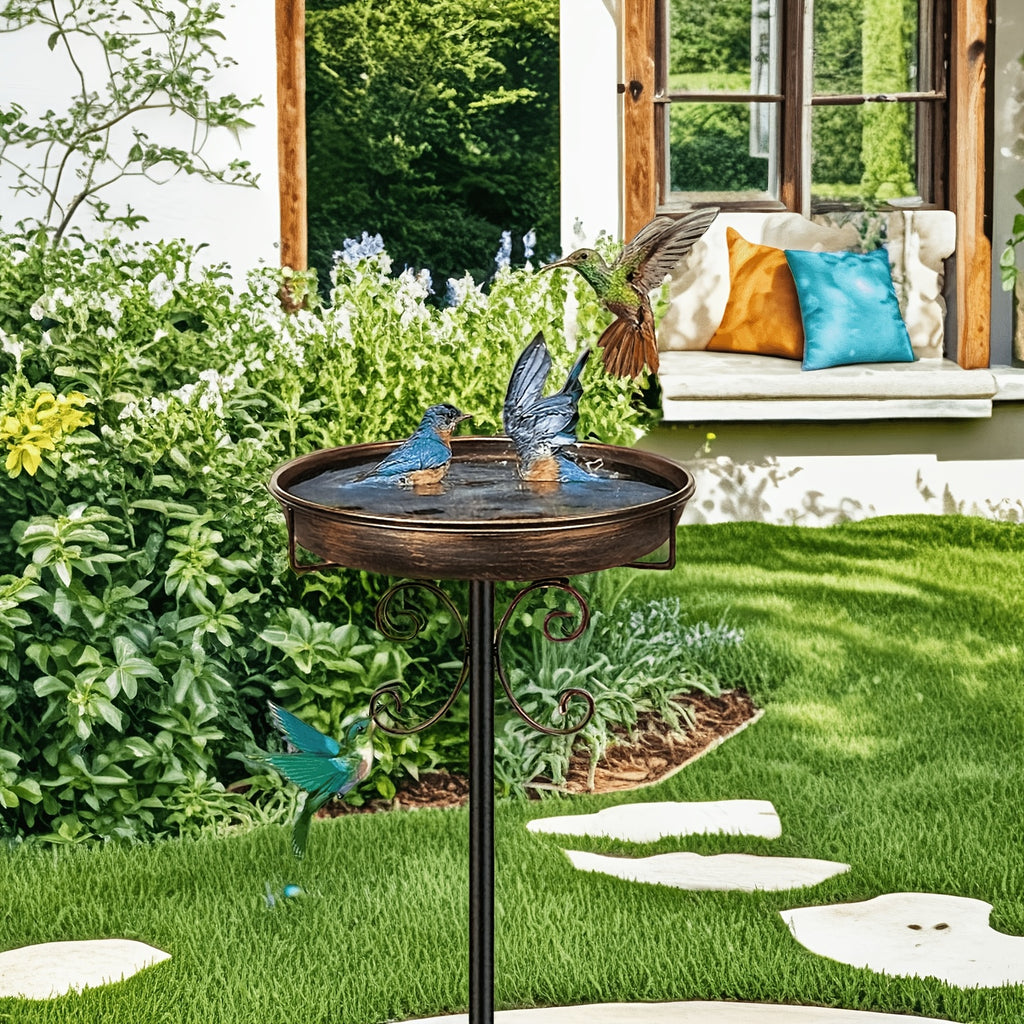 Bird Bath with Removable Metal Basin and Scrollwork Stand, Five-Prong Garden Stake for Outdoor Water or Seed, Single and Double-Layer Options