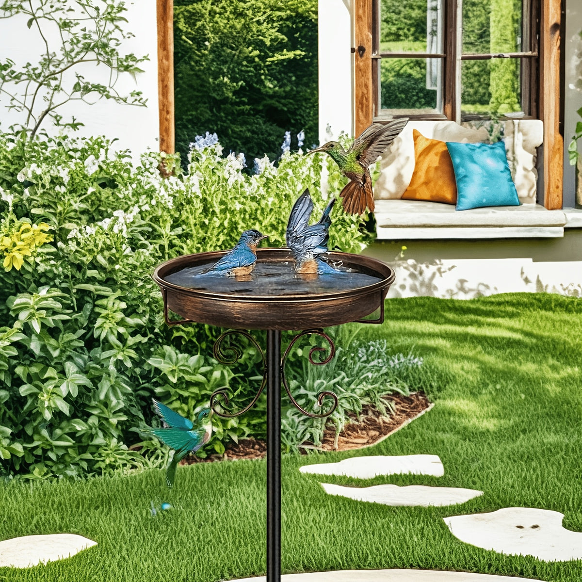 Bird Bath with Removable Metal Basin and Scrollwork Stand, Five-Prong Garden Stake for Outdoor Water or Seed, Single and Double-Layer Options