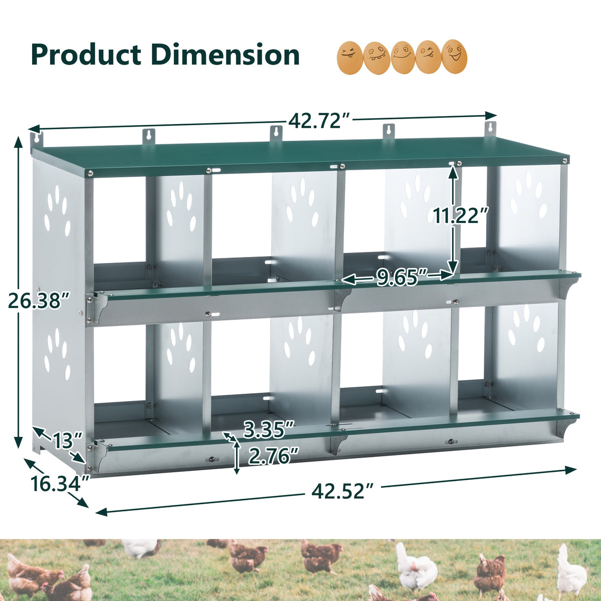 Galvanized Steel Chicken Nesting Box with Ventilation Holes, Green Model 0206 Hen Nest with Removable Divider and Nest Pad for Backyard Coops