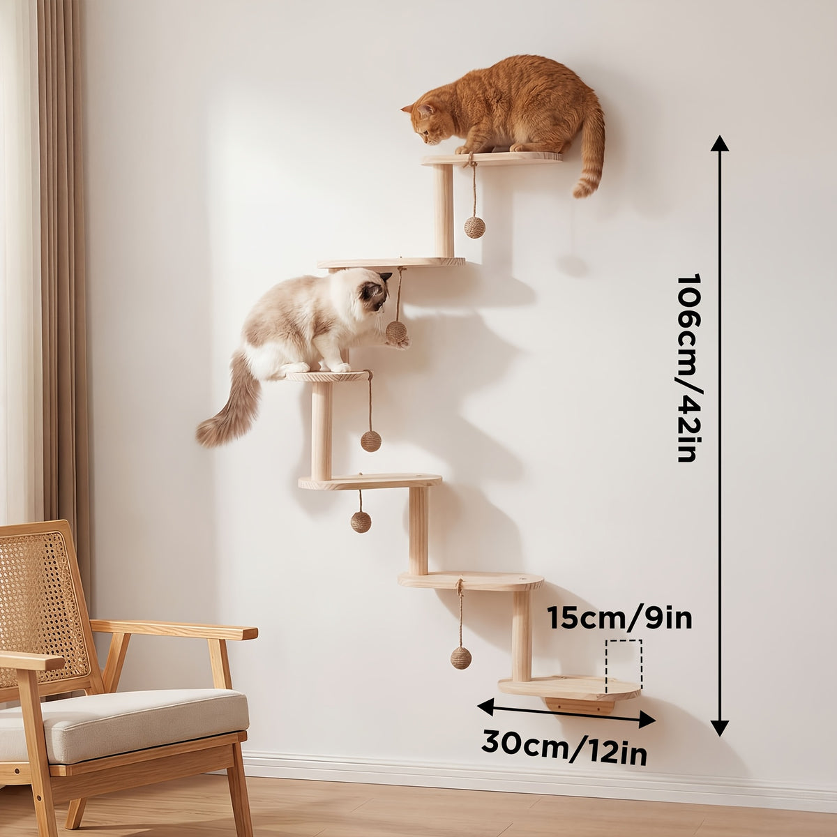 Modular Cat Wall Shelves 6-Piece Set with 5 Toy Balls, DIY Wall-Mounted Cat Tree Furniture for Indoor Climbing, Resting and Scratching