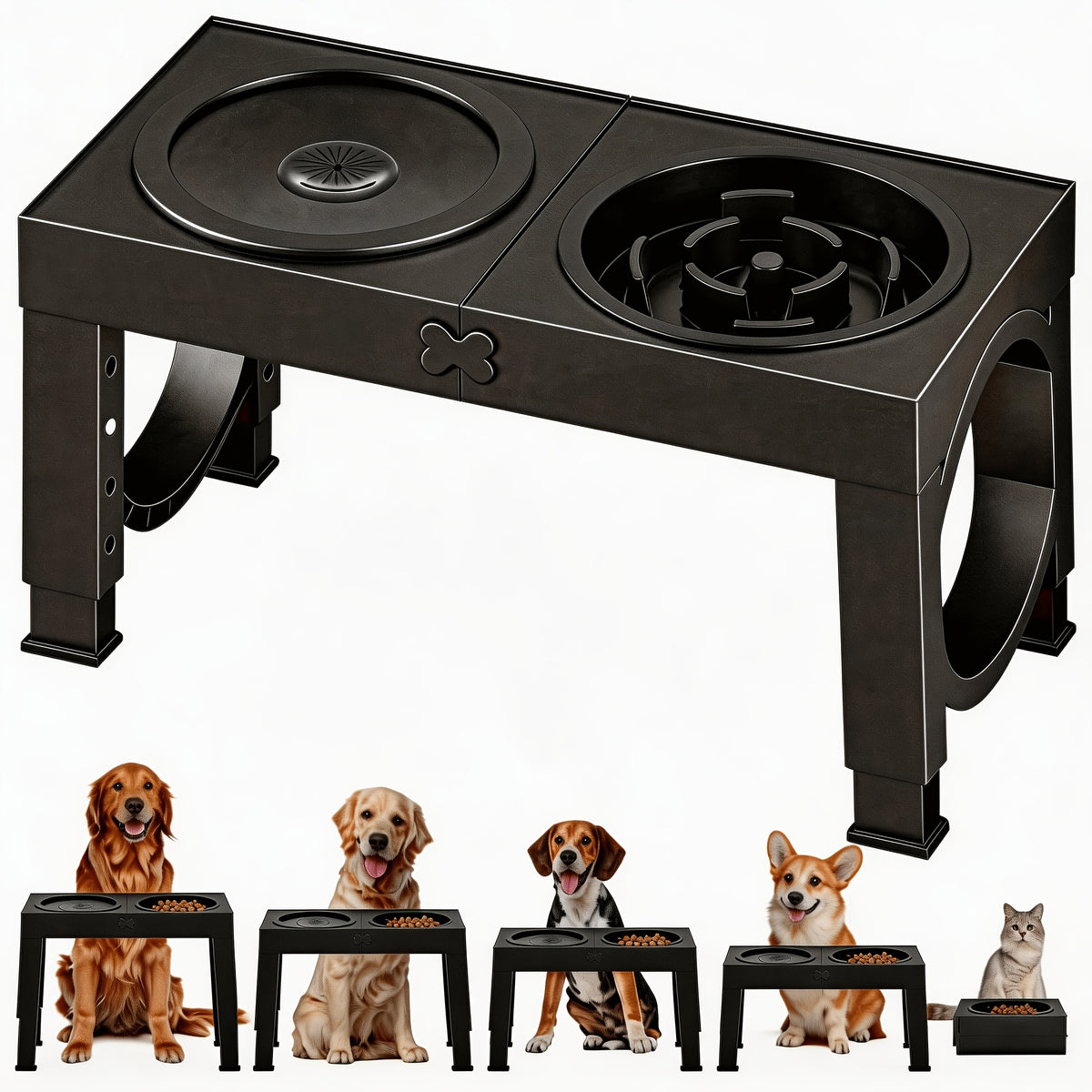 Foldable Elevated Dog Bowls with Height Adjustable Stand for Large Dogs, Raised Food and Water Feeding Station with Stainless Steel Bowl Options