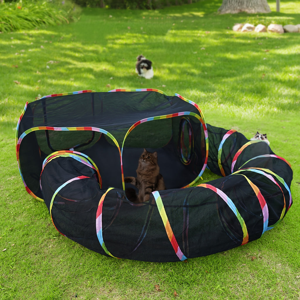 Outdoor Cat Enclosure with Play Tunnel, Portable Mesh Catio Tent with Rainbow Trim for Indoor Cats and Supervised Backyard Exploration