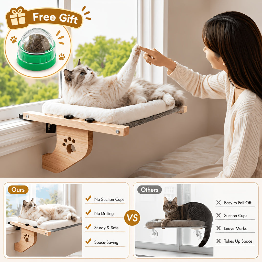 Wood Frame Cat Window Perch, Adjustable Hanging Indoor Cat Bed for Compatible Windowsills, Bedsides, Drawers and Shelves, Space-Saving Lounging Spot