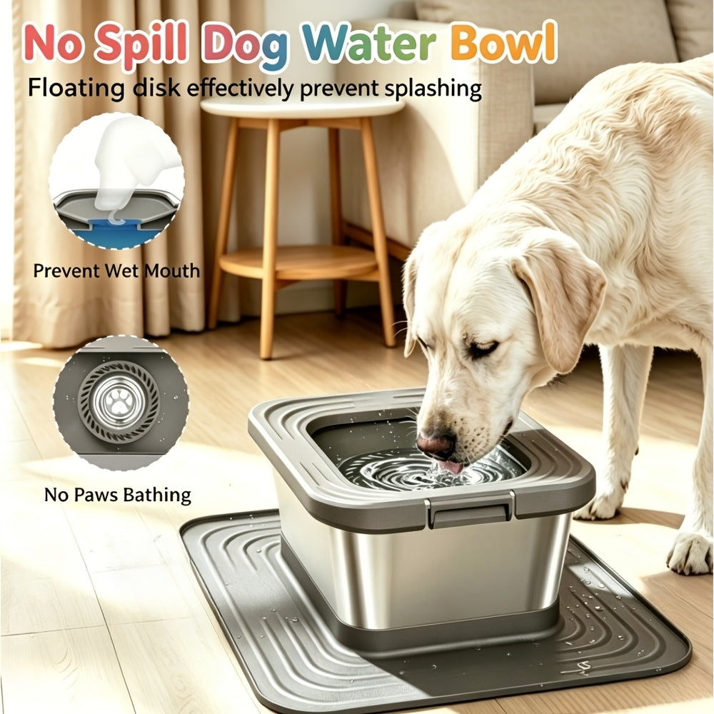 No Spill Dog Water Bowl, 2.64 Gallon Stainless Steel Slow Water Feeder with XXL Mat for Large Dogs and Multiple Pets, Non-Slip Indoor Outdoor Design