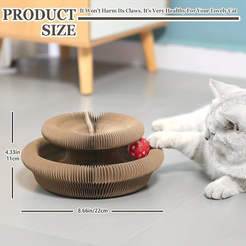 Flower Cat Scratcher Toy with Magnetic Accordion Design, Foldable Corrugated Cardboard Scratching Surface and Bell Ball for Indoor Cat Play