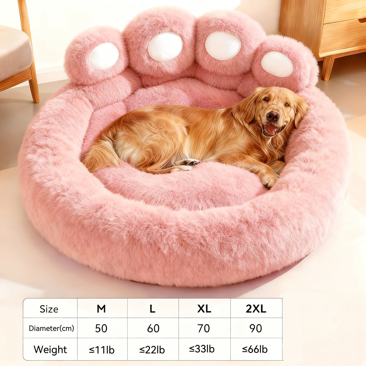 Plush Dog Bed with Bear Paw Shape, Soft Faux Fur Cat Sleeping Cushion with Non-Slip Bottom, Coffee Pink or Gray for Pets up to 30 lbs
