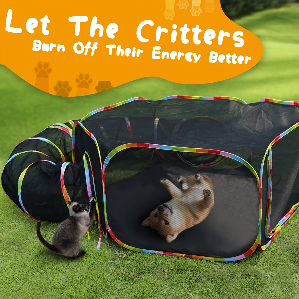 Portable Cat Catio with Circle Tunnel, Rainbow Mesh Tent and Playpen for Indoor Cats and Kittens, Supervised Backyard Exploration with Storage Bag
