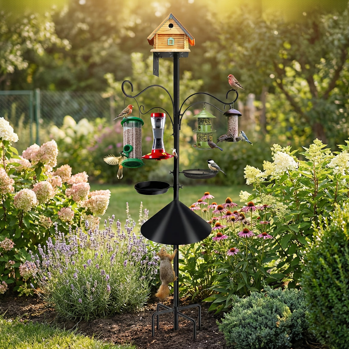 Bird Feeder Pole with Squirrel Baffle, 92-Inch Listed Garden Feeding Station Stand with Adjustable Shepherd Hooks and Metal Trays, Birdhouse Not Included