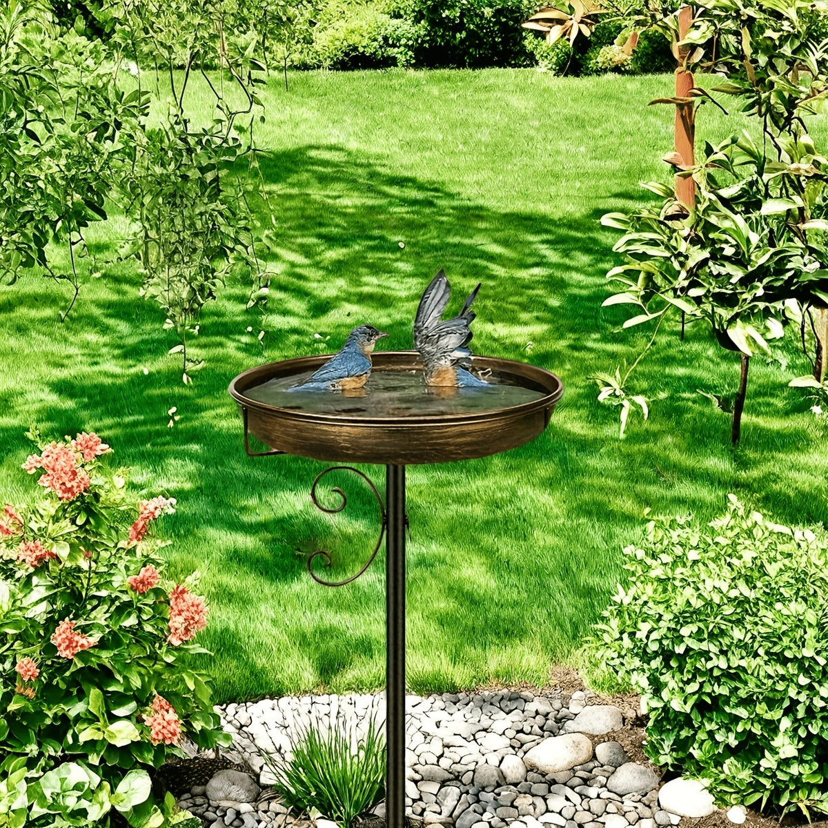 Bird Bath with Removable Metal Basin and Scrollwork Stand, Five-Prong Garden Stake for Outdoor Water or Seed, Single and Double-Layer Options