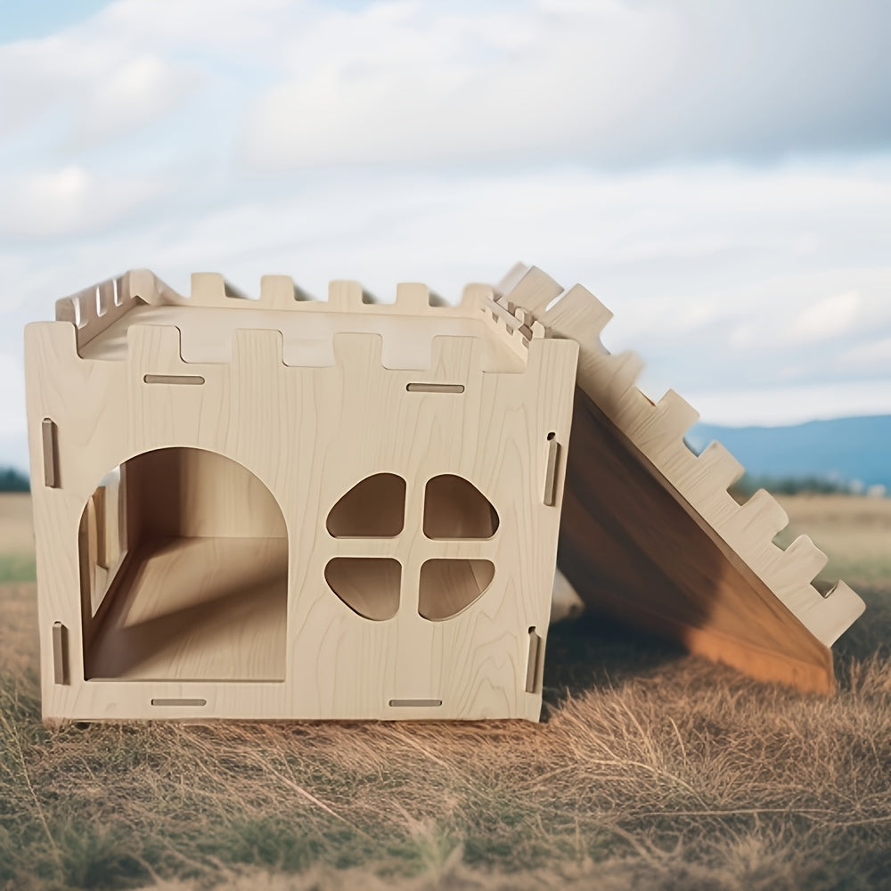 Wooden Rabbit Castle Hideout with Detachable Interlocking Design, Small Animal House for Indoor Habitat Enrichment, Hiding and Exploration