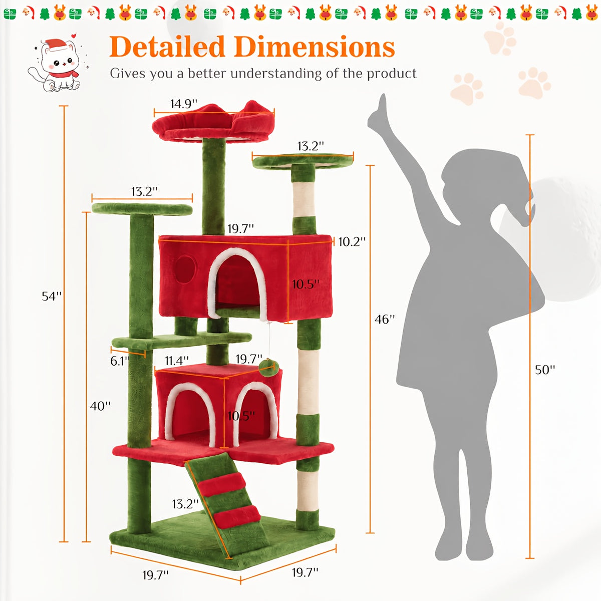 Cat Tree Tower with Condo and Hammock, Sisal Scratching Posts and Perches for Indoor Cats, 44-Inch Colors Plus 44/54-Inch Holiday Options