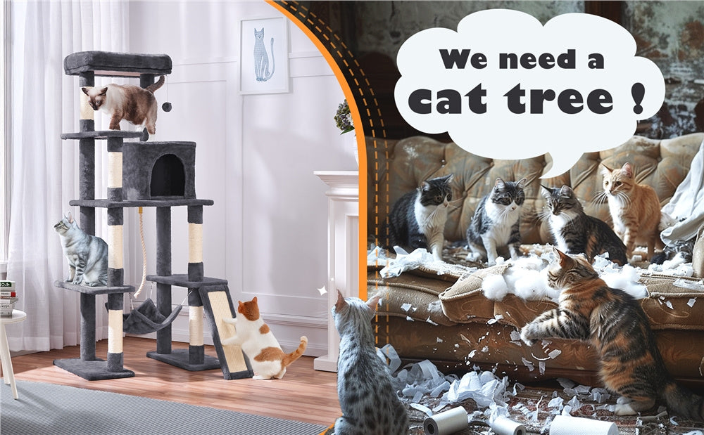 63 Inch Cat Tree with Hammock and Condo, Light Gray Plush Multi-Level Cat Tower with Scratching Posts, Ramp, Top Perch and Hanging Ball