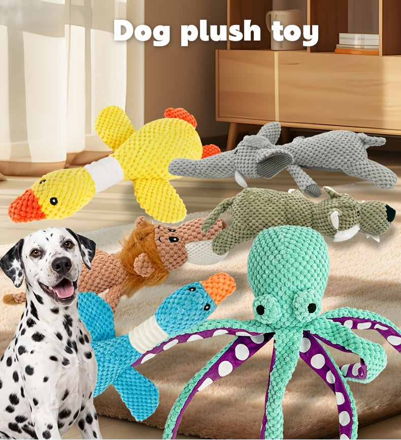 Random Animal Plush Dog Toy, One Squeaky Textured Companion for Supervised Gentle Play, Assorted Octopus, Goose, Wolf, Lion or Elephant Style