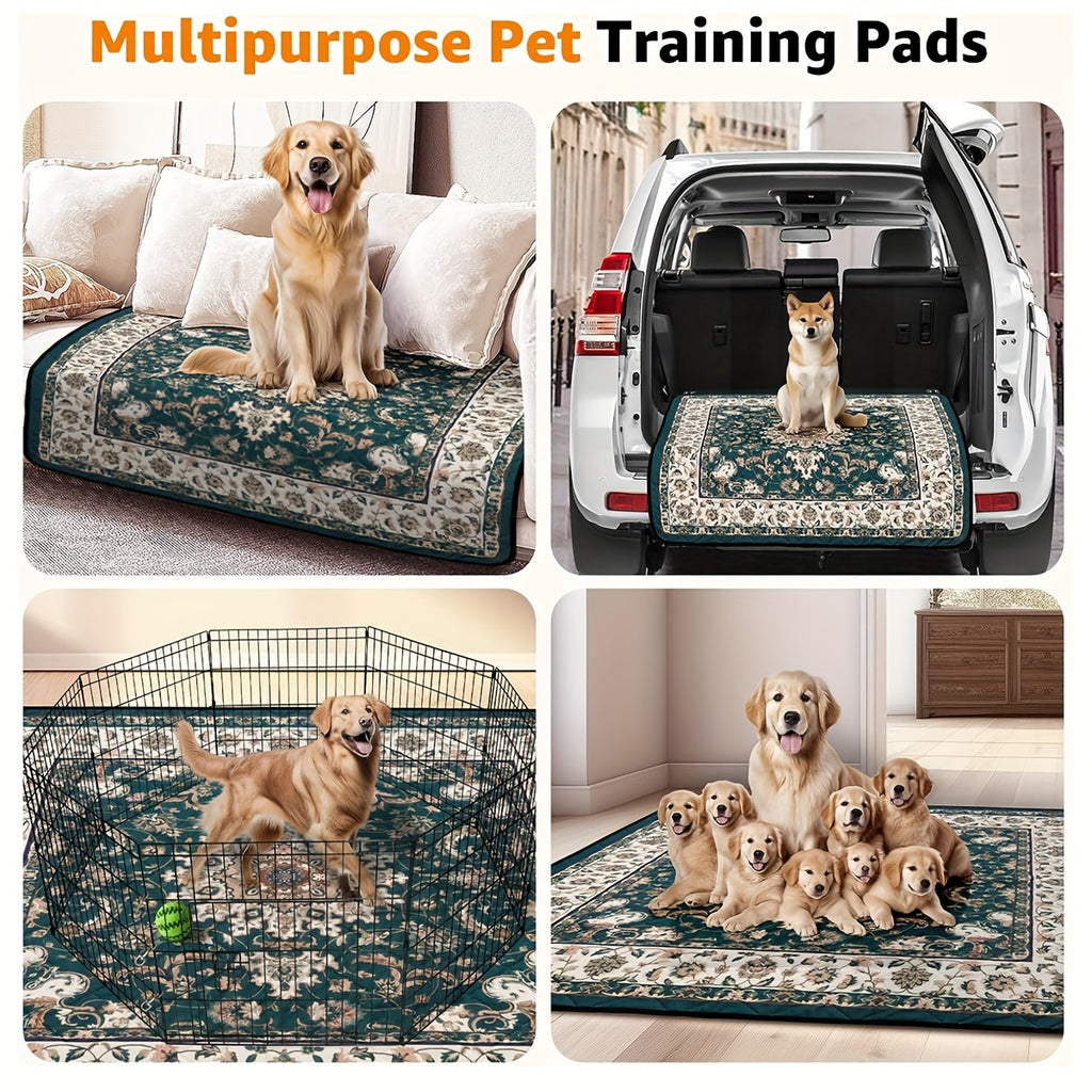 Bohemian Washable Dog Pee Pads 2 Pack, 36 x 36 Inch Reusable Non-Slip Puppy Potty Training Mats with Ornate Green Print for Floors and Playpens