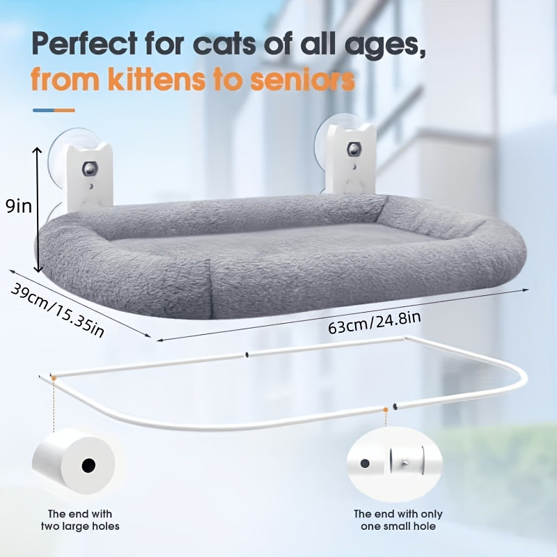 Cordless Cat Window Perch with Plush Padded Hammock, 24.8 x 15.35 Inch Metal Frame and 4 Suction Cups for Indoor Cat Lounging and Birdwatching