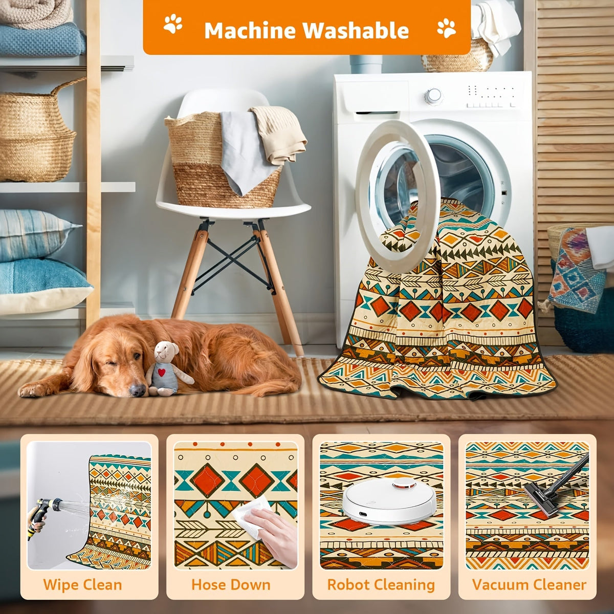Dog Pee Pads with Retro Tribal Print, 2 Pack Washable Leakproof Puppy Training Mats with Non-Slip Backing for Crates, Playpens and Floors