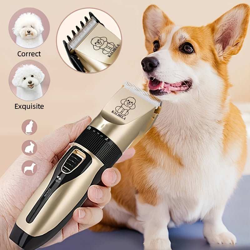 Electric Pet Clippers for Dogs and Cats, Rechargeable Low-Noise Hair Trimmer for At-Home Grooming with Three Gold Grooming Set Options