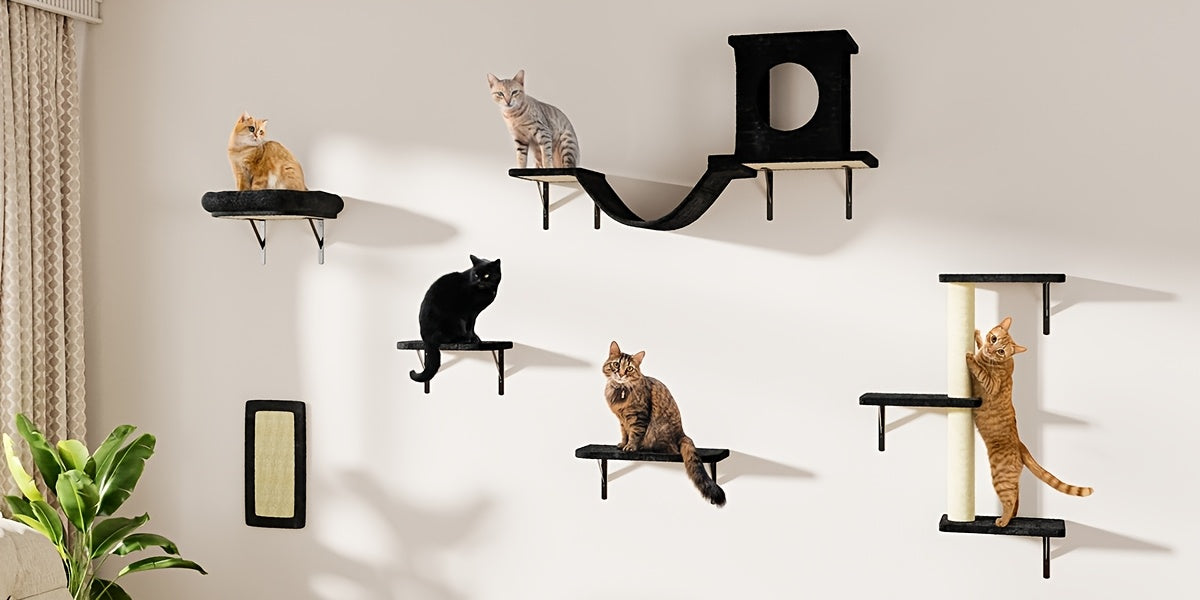 Cat Wall Furniture 7-Piece Set with House, Bridge, Hammock and Scratching Board, Wall-Mounted Climbing Shelves for Indoor Cats in Black or Grey