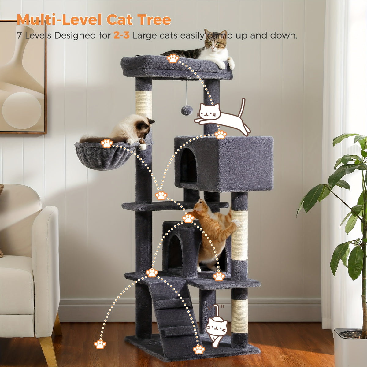 Cat Tree with Oversized Top Perch, 56.3 Inch Multi-Level Indoor Cat Tower with Hammock, Two Condo Hideaways and Scratching Posts, Five Colors