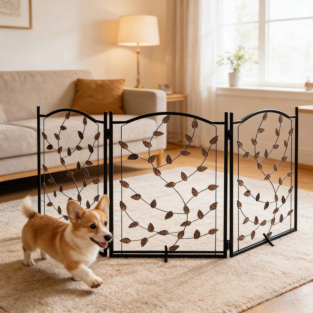 Freestanding Metal Dog Gate, 52 x 24 Inch Foldable 3-Panel Pet Barrier with Decorative Leaf Design for Indoor Doorways and Hallways