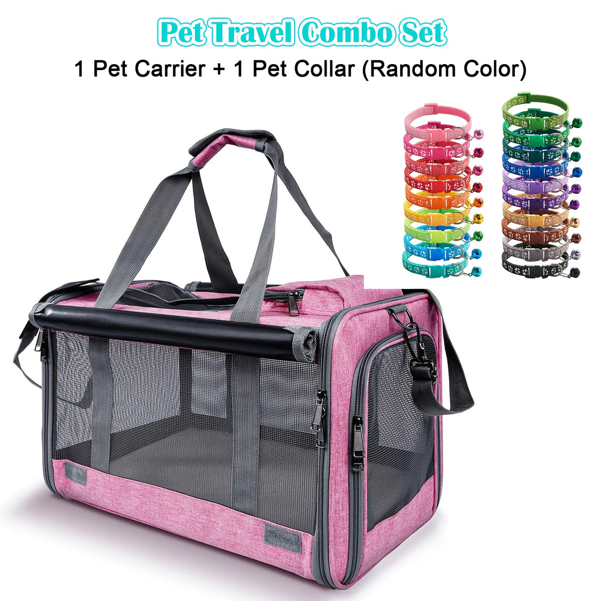 Cat Carrier Travel Set for Cats and Small Dogs, Soft-Sided Breathable Collapsible Pet Bag with Bowl, Collar or Pet Glove Bundle Options