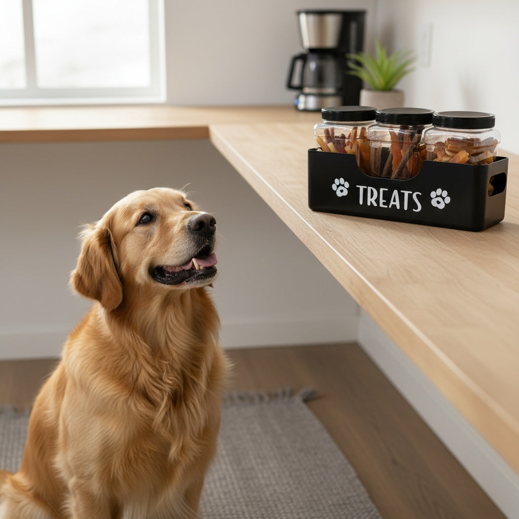Dog Treat Canister Set with 3 Airtight Plastic Jars and Black Farmhouse Holder, Pet Snack Storage for Cat and Dog Feeding Area Organization