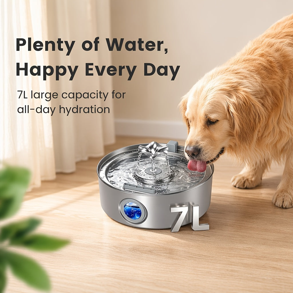 Dog Water Fountain 7L with Flower Head, 304 Stainless Steel Pet Drinking Dispenser with Water Level Window and Filter Bundle Options for Multi-Pet Homes