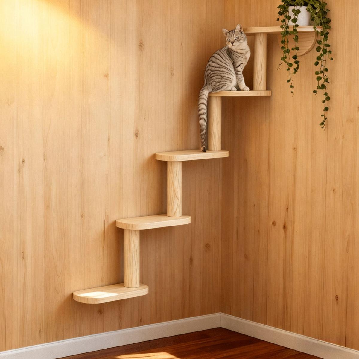 Wooden Cat Wall Steps with Five Levels, Solid Wood Wall-Mounted Cat Climbing Platforms and Indoor Perches for Space-Saving Play and Elevated Rest