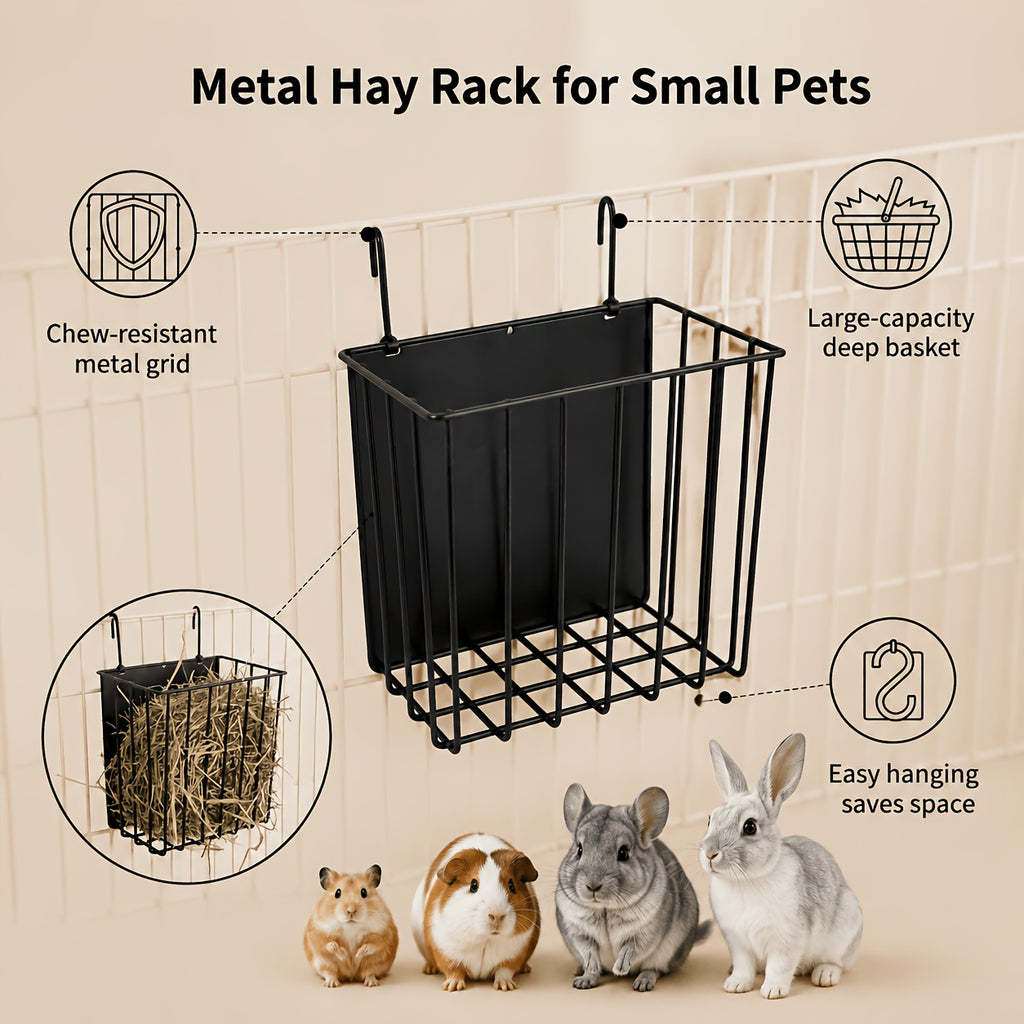 Rabbit Hay Feeder with Hanging Metal Rack, Black Powder-Coated No-Drill Cage Organizer for Guinea Pigs and Chinchillas, Space-Saving Hay Basket