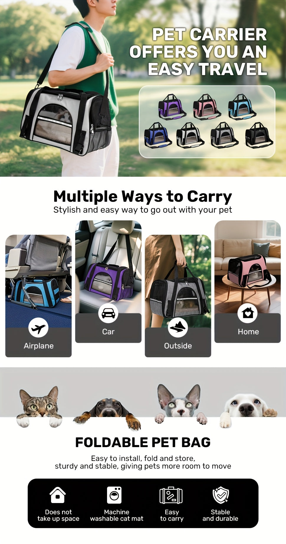 Foldable Cat Carrier Backpack with Zipper Closure, Ventilated Pet Travel Bag for Cats and Dogs, Seven Colors for Vet Visits and Everyday Trips