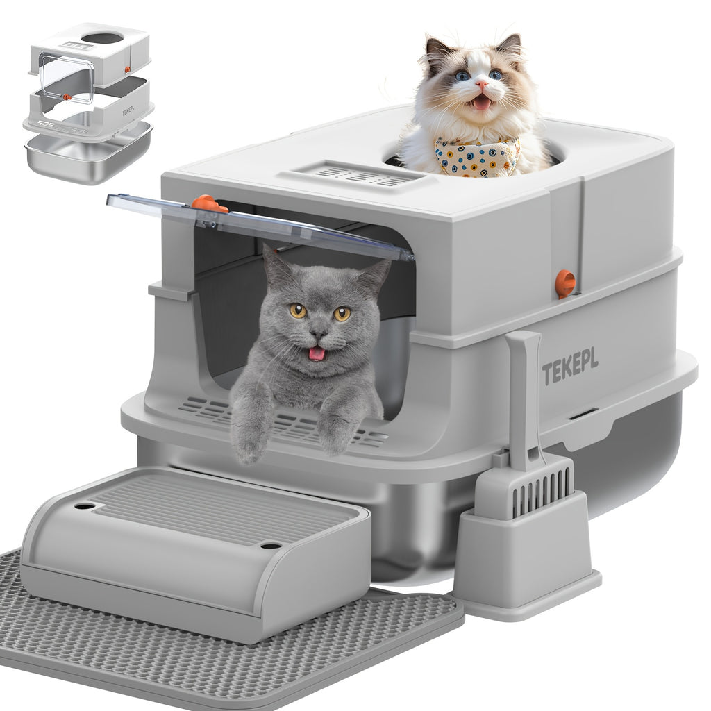 Modular Stainless Steel Cat Litter Box with Lid, Extra Large High-Sided Enclosed or Semi-Open Cat Toilet with Step, Mat and Scoop