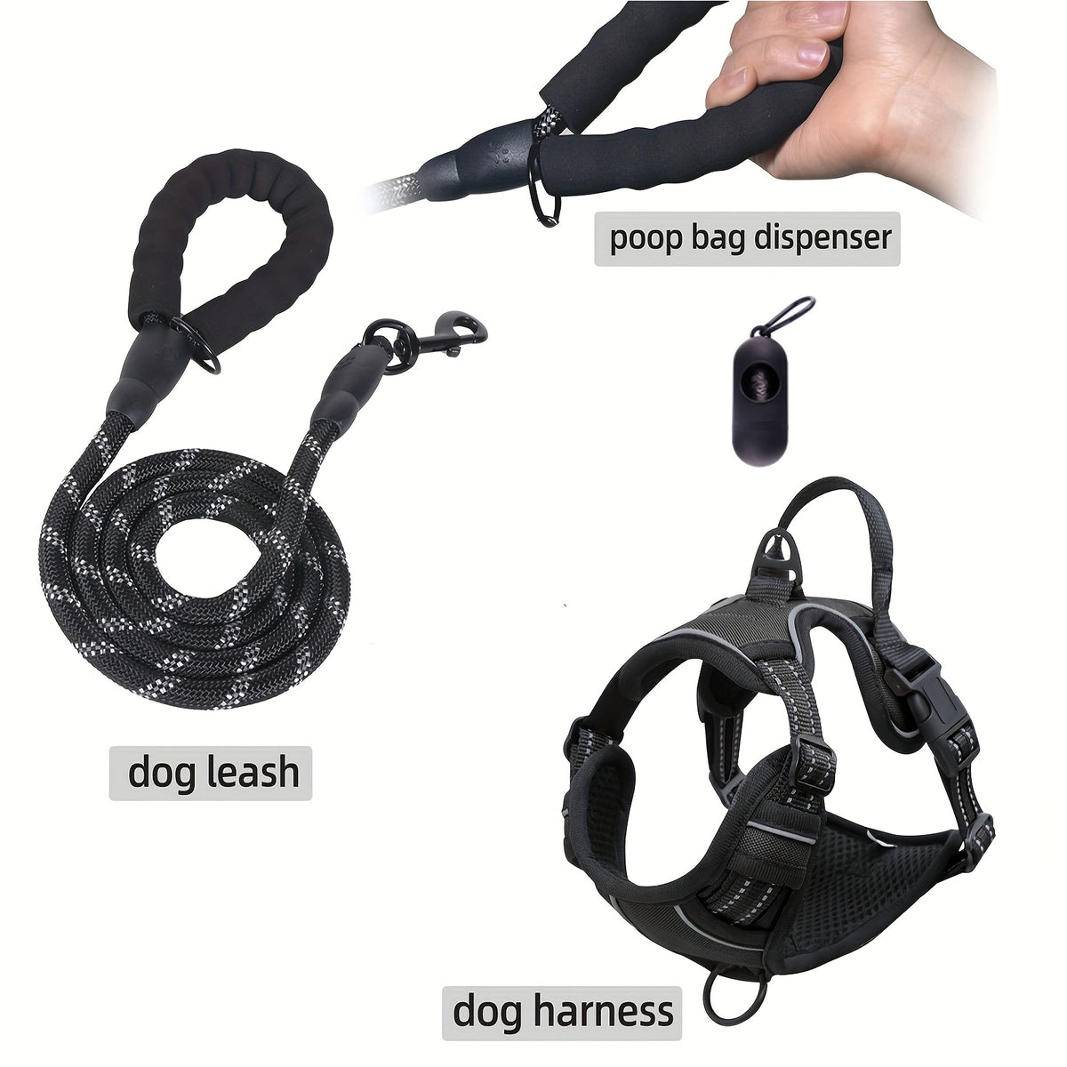 Dog Harness Set 3-in-1 with Reflective Walking Vest, Leash and Poop Bag Holder, Everyday Outdoor Walking Gear in Seven Colors with S to XL Size Options