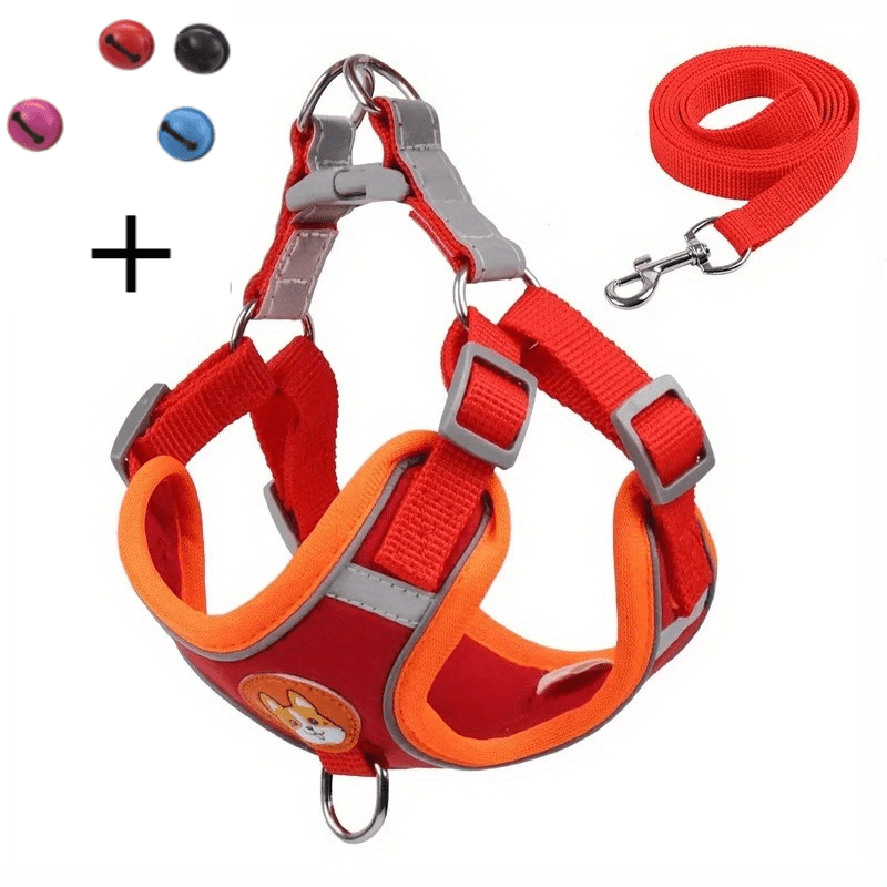 Adjustable Reflective Dog Harness and Leash Set with 4 Bells, Breathable Walking Vest for Small and Medium Dogs in Blue, Red or Brown