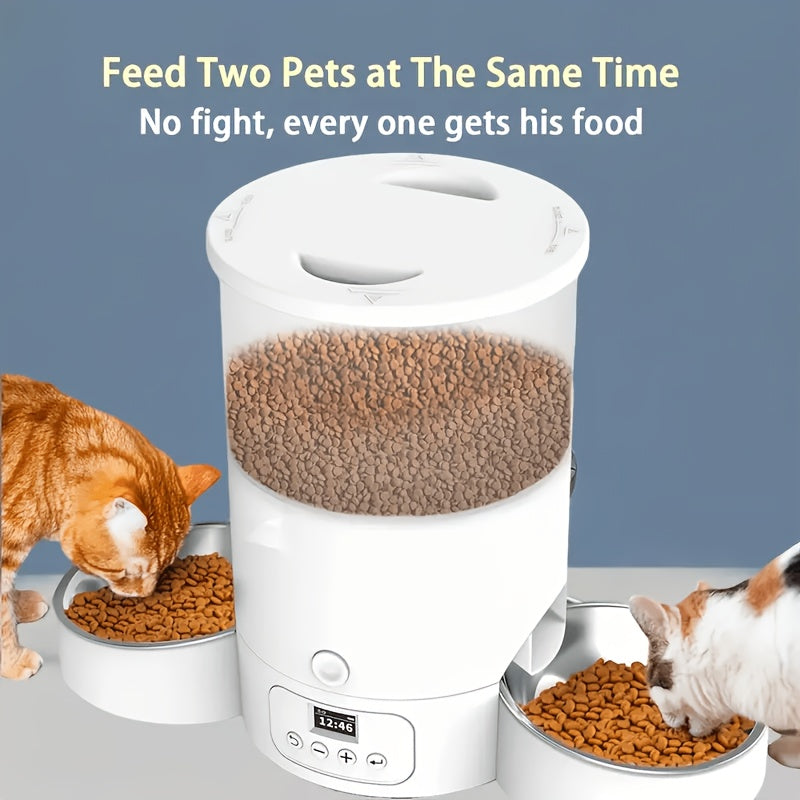 Dual Bowl Automatic Cat Feeder 3L, Button-Control Timed Food Dispenser with 1-6 Daily Feedings and 1-12 Portions per Meal, White for Cats and Dogs