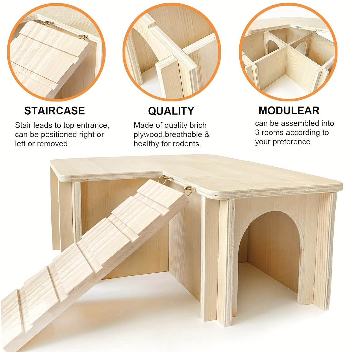 Guinea Pig Castle Hideout with Multiple Chambers and Ladder, Wooden Small Animal House for Habitat Exploration and Rest, 11.8 x 11.8 x 6.41 Inches