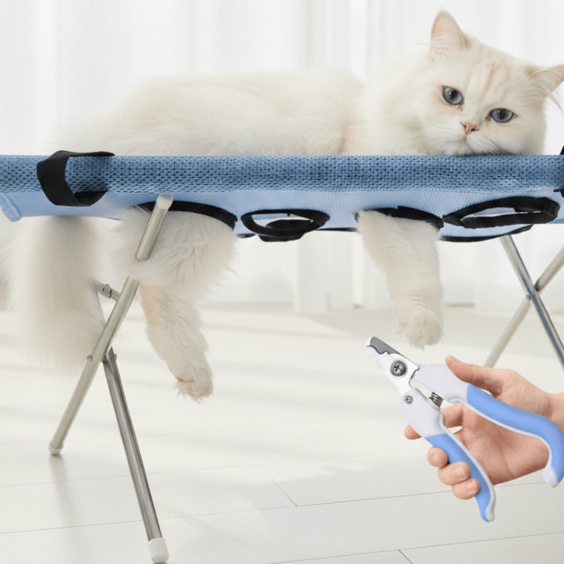 Pet Nail Trimming Hammock Set with Stainless Steel Clippers, 2-Piece Foldable Mesh Grooming Support for Cats and Dogs, Black or Blue for At-Home Care