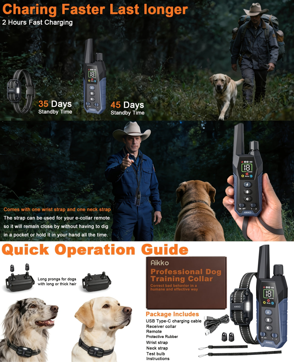 Dog Training E Collar with Security Lock, Remote Beep, Vibration and Static Modes, Orange, Blue or Green Options for 1 or 2 Dogs