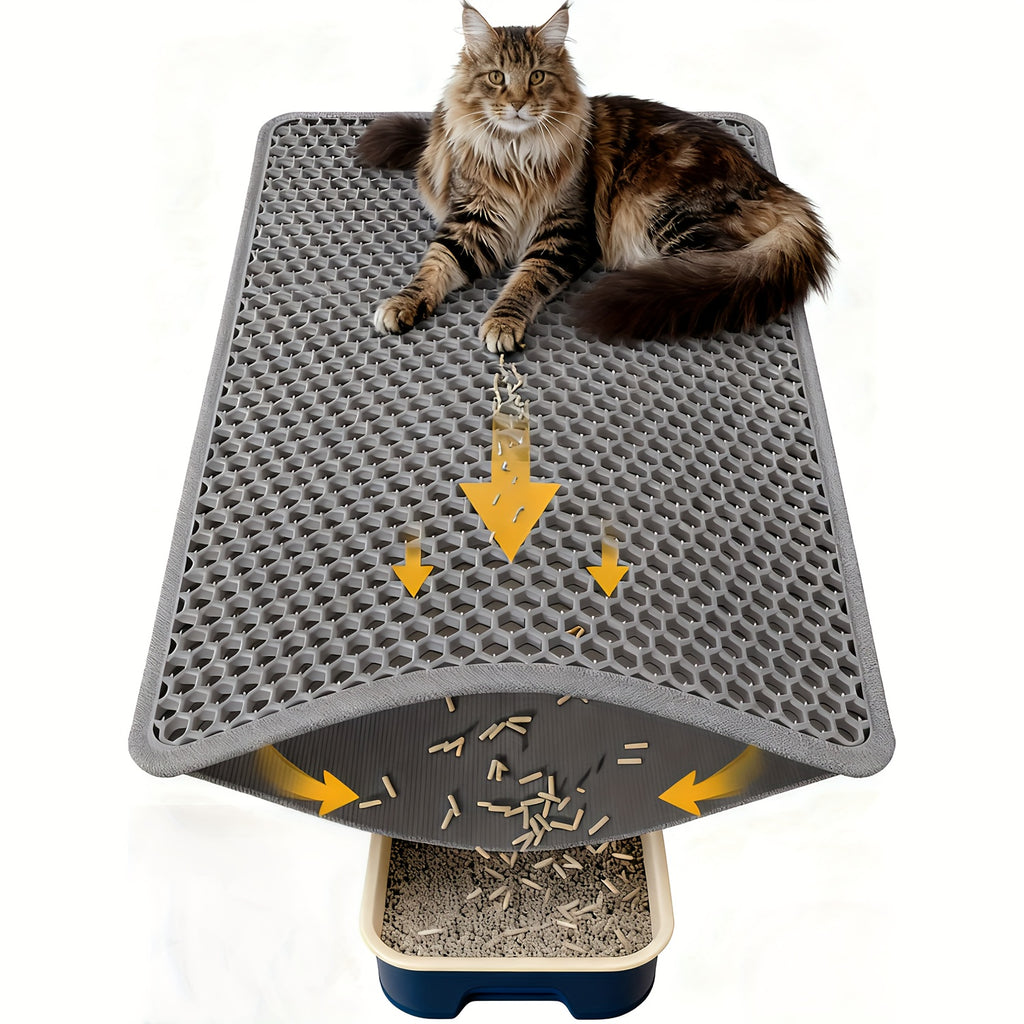 Honeycomb Litter Mat for Cats, Extra Large 27.6 x 47.2 Inch Gray Double-Layer EVA Litter Catcher with Non-Slip Design for Multi-Cat Homes