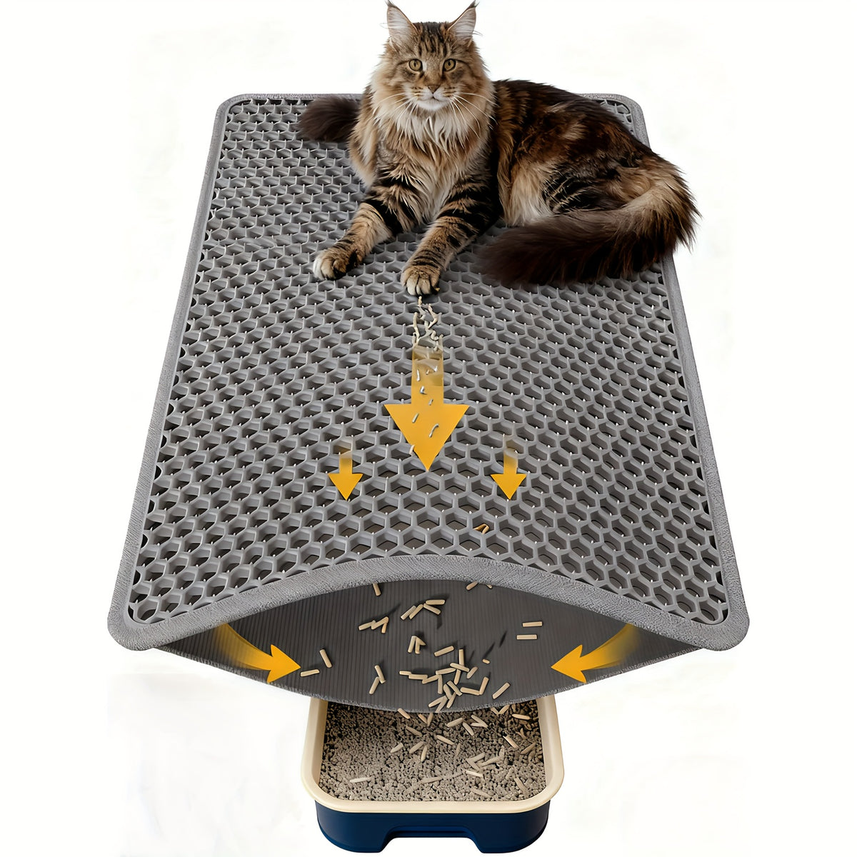 Honeycomb Litter Mat for Cats, Extra Large 27.6 x 47.2 Inch Gray Double-Layer EVA Litter Catcher with Non-Slip Design for Multi-Cat Homes