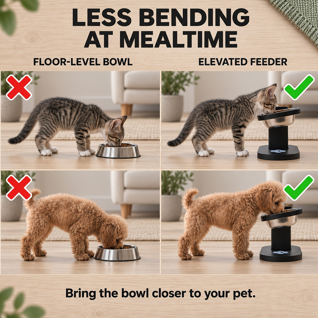 Double Cat Bowl Stand with Two Stainless Steel Dishes, 15 Degree Tilted Adjustable Black Wooden Feeder for Cat and Small Dog Food and Water
