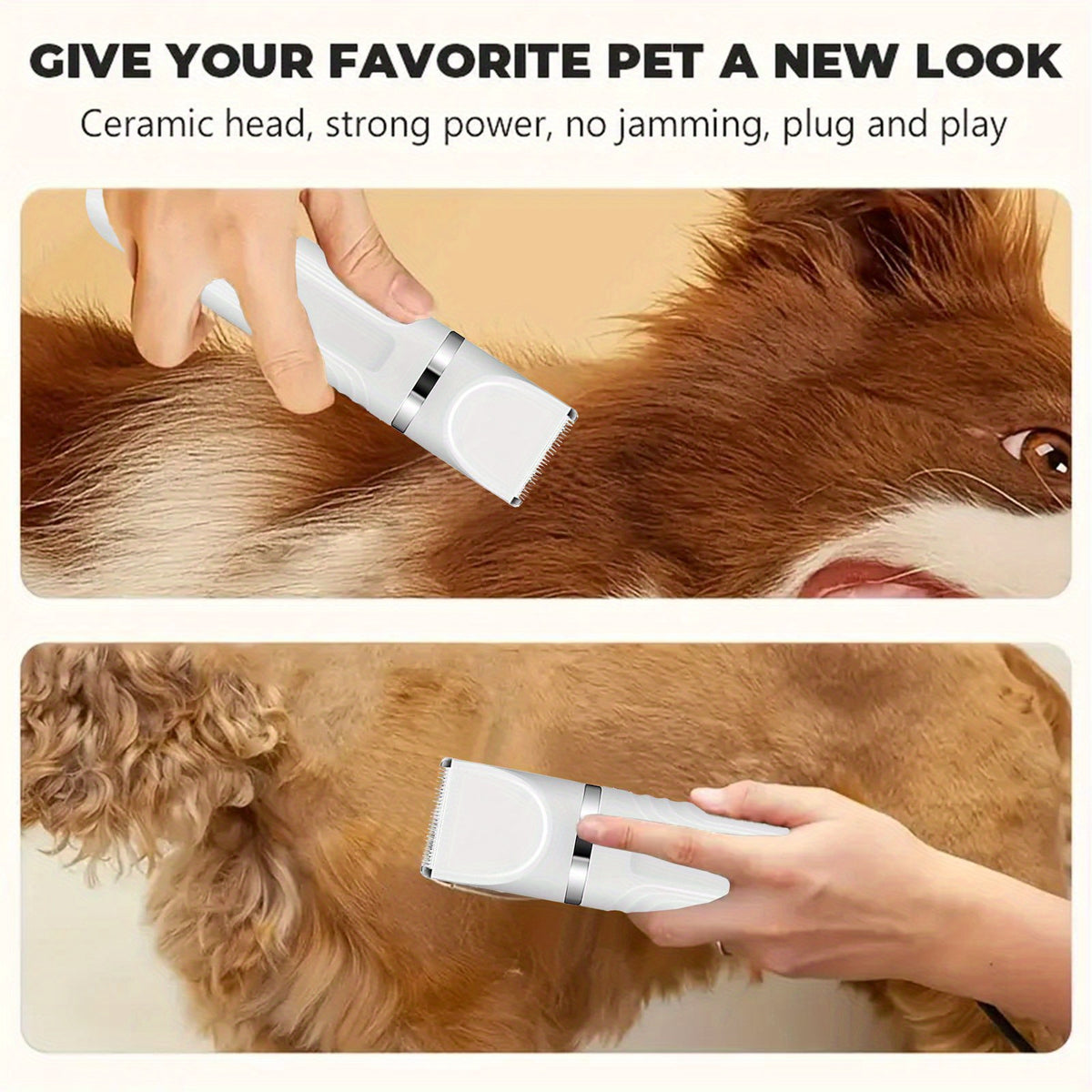 Dog Grooming Kit with Interchangeable Heads, USB Rechargeable Cordless Pet Hair Clipper with 4 Guide Combs, Steel Scissors and Comb for Home Trimming