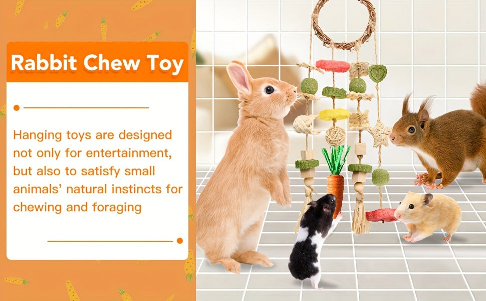 Hanging Rabbit Chew Rings 2 Pack, Rattan Bunny Cage Toys with Snacks for Supervised Small Pet Enrichment, Rabbit and Hamster Listed Option