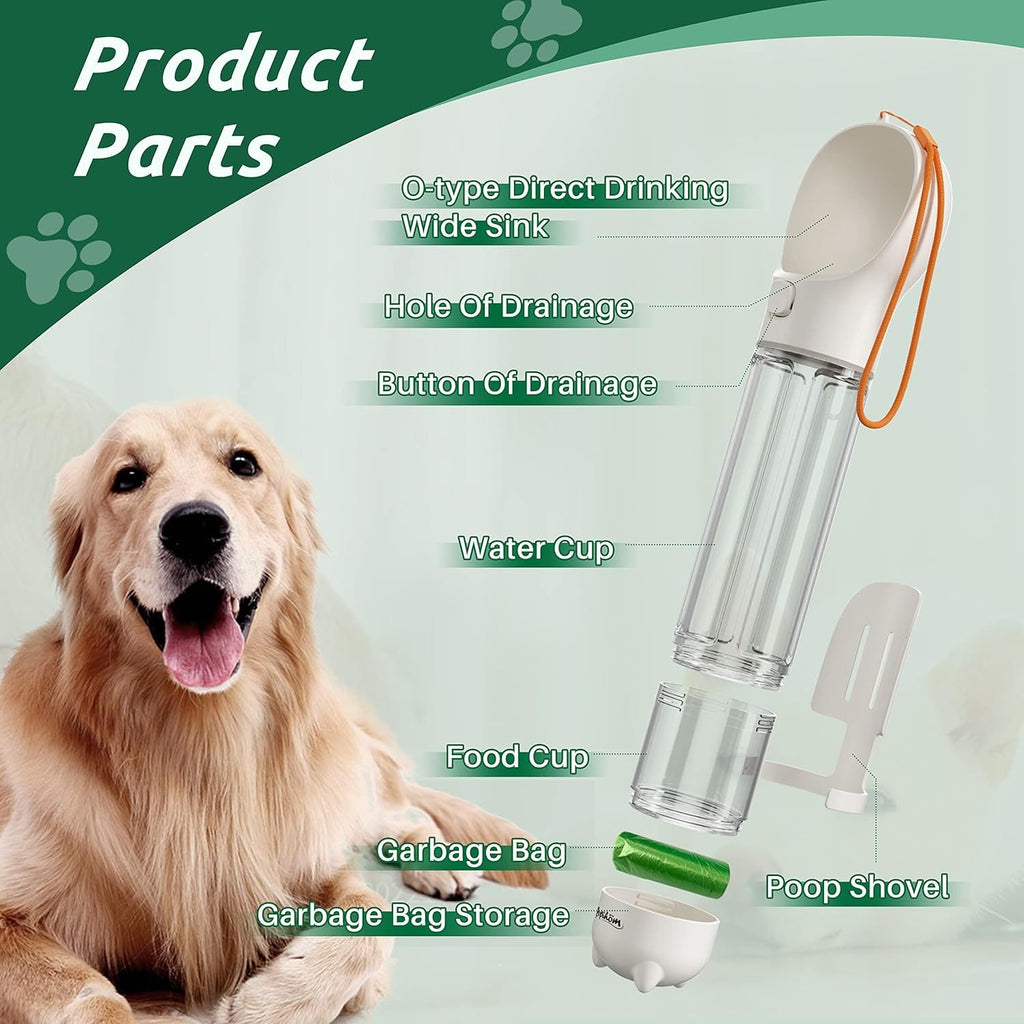3-in-1 Dog Water Bottle with Food Container and Poop Bag Feature, Portable Pet Drinking Dispenser for Walks and Travel, 300ml or 500ml