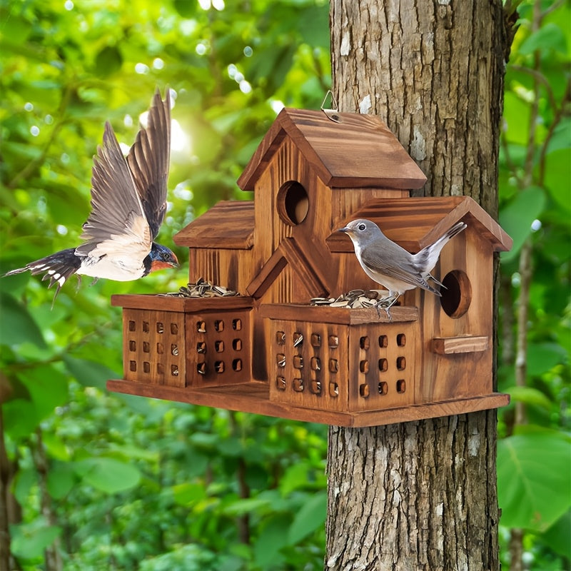 Compact Wooden Birdhouse with Feeding Spoon, Hanging Cottage-Style Bird House with Round Openings and Front Feeding Areas for Outdoor Garden Decor